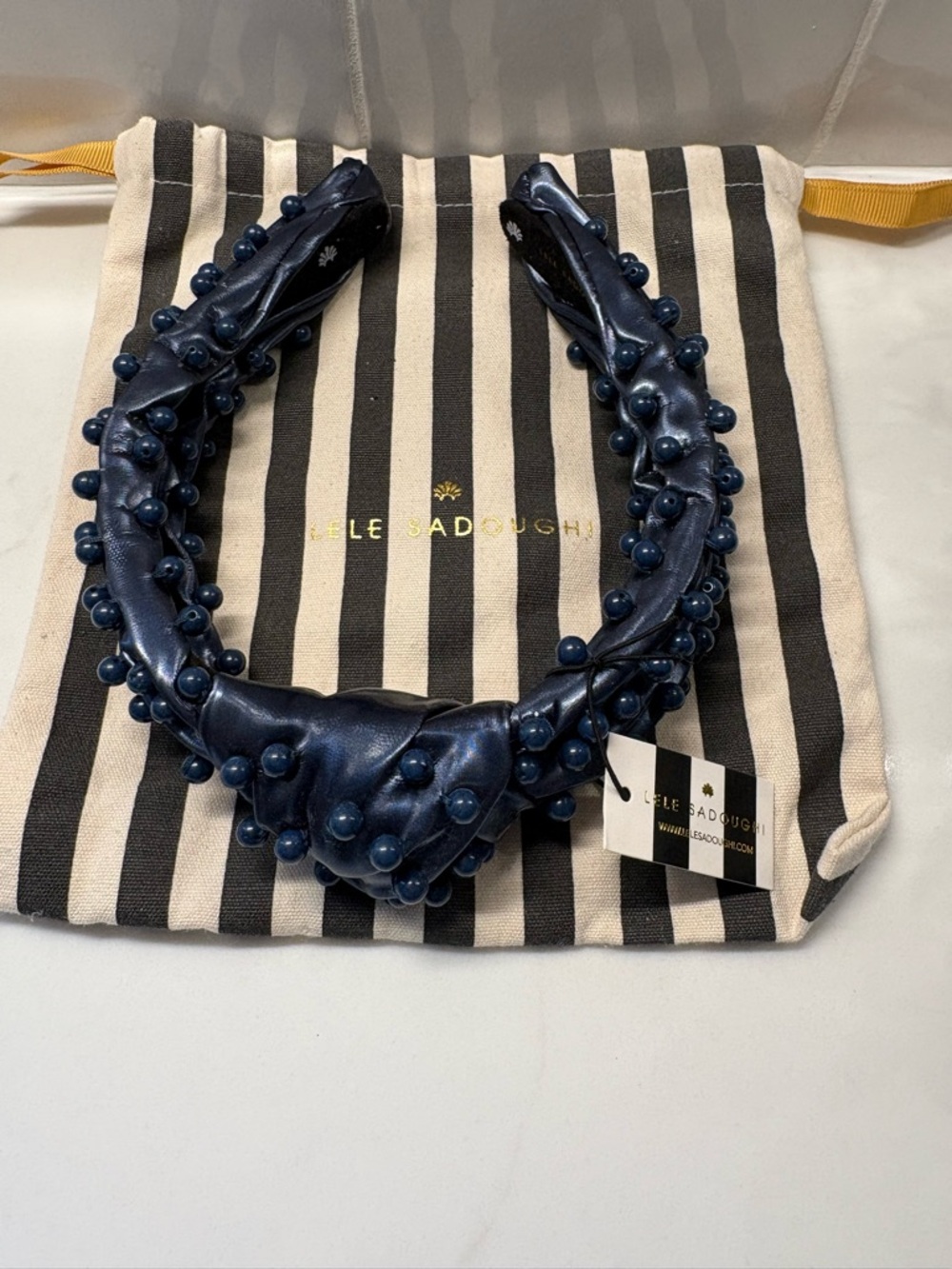 Lele Sadoughi Navy Knotted Headband with Bead Embellishments